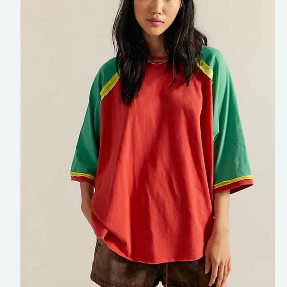 Free People Red and Green mid Sleeve Top